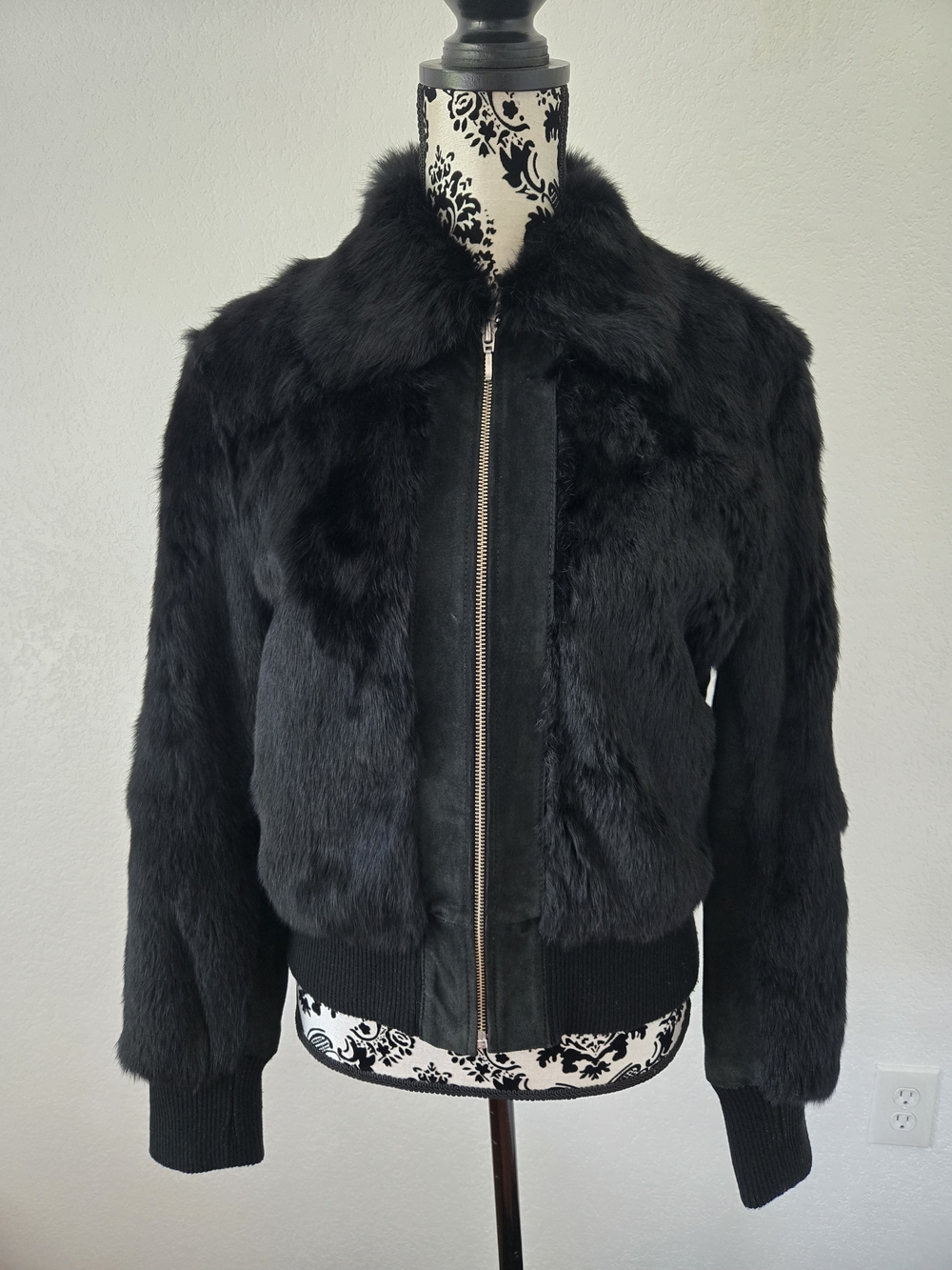 Black Rabbit Fur Bomber Jacket - Women's Cozy Zip Front